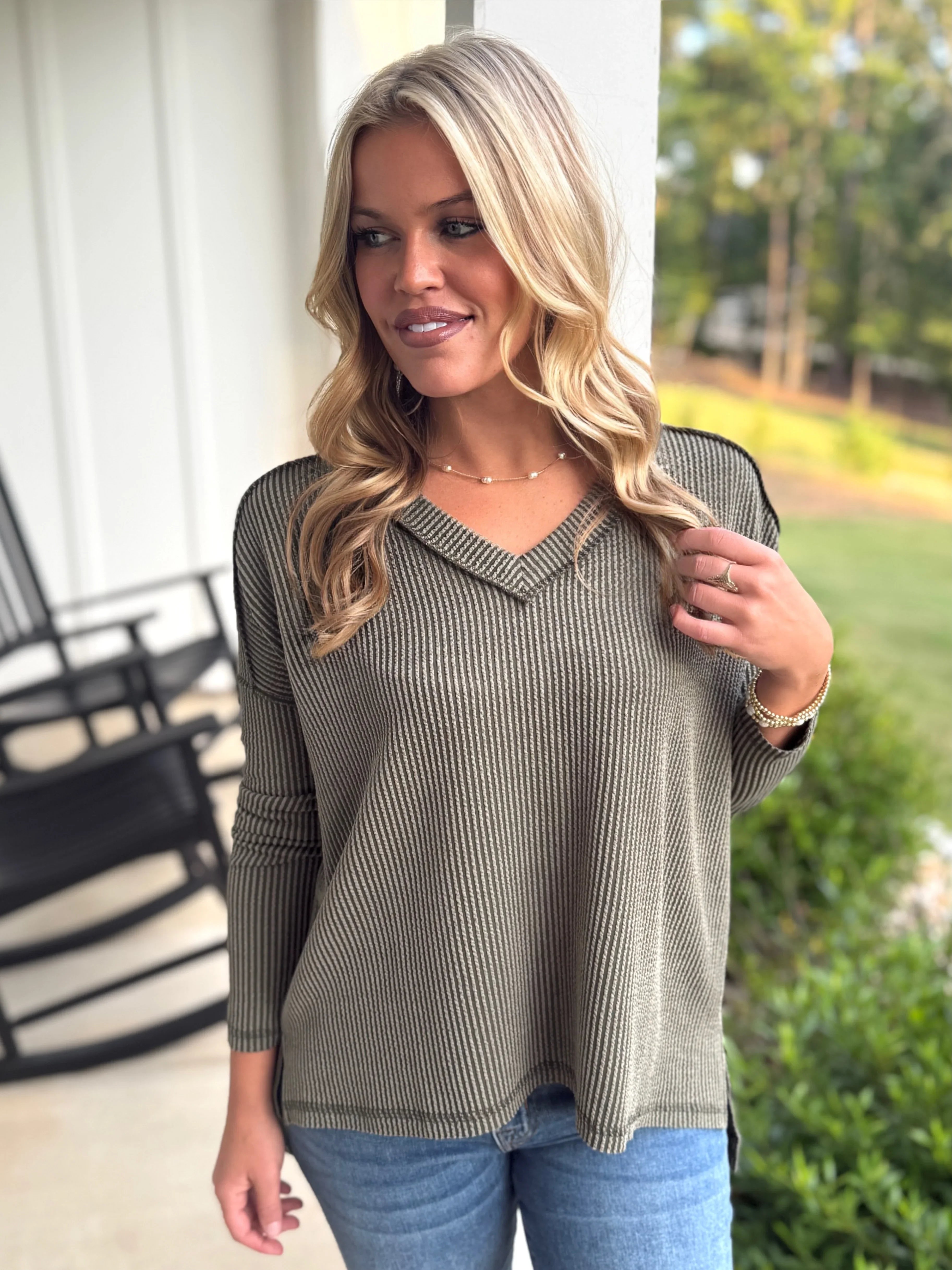SADIE Raised Ribbed V-Neck Top (Olive) (S-3X) | Plus Size | Sizes
