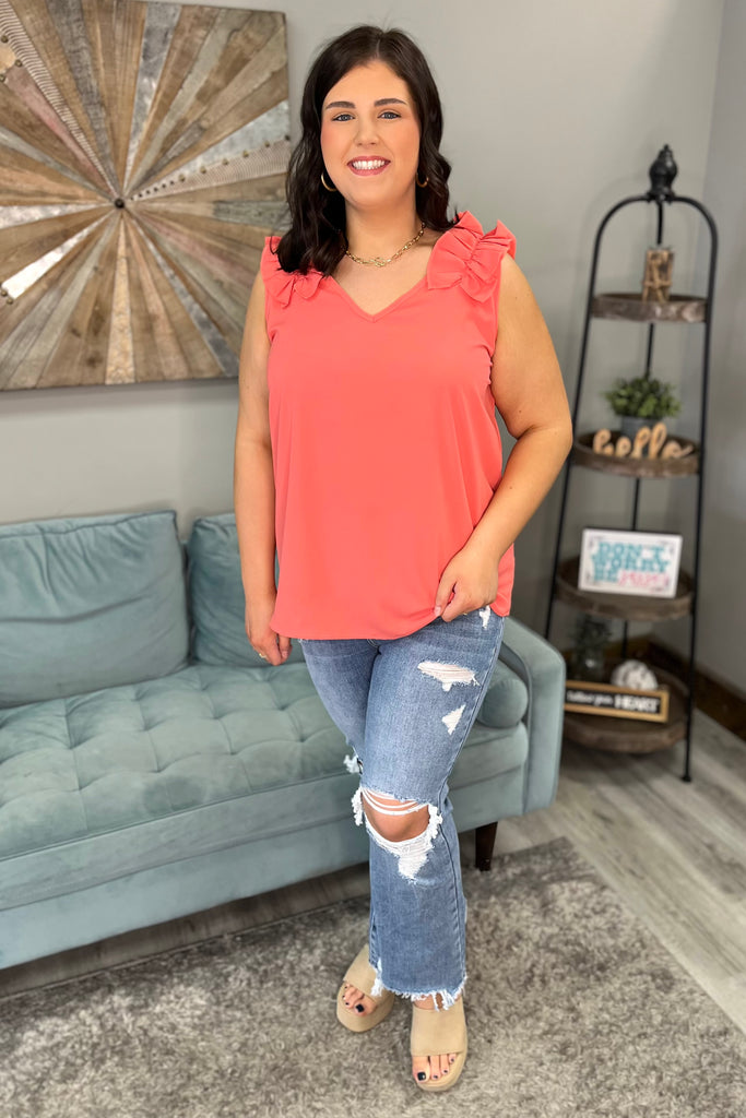 CAMERON Ruffled Sleeveless Top (Coral) (Plus Size) - Sassy & Southern