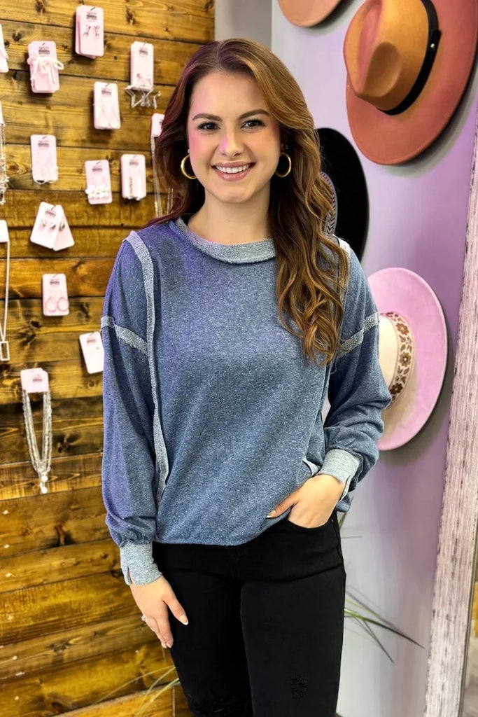 BREE Washed Wide Seam Sweatshirt - Navy - Sassy and Southern