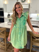 LAINEY Mineral Washed Button Down Dress (Green) - Sassy and Southern