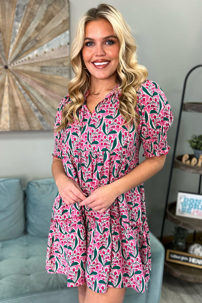 TULIP Balloon Sleeve Dress With Tie (Pink Mix) - Sassy & Southern