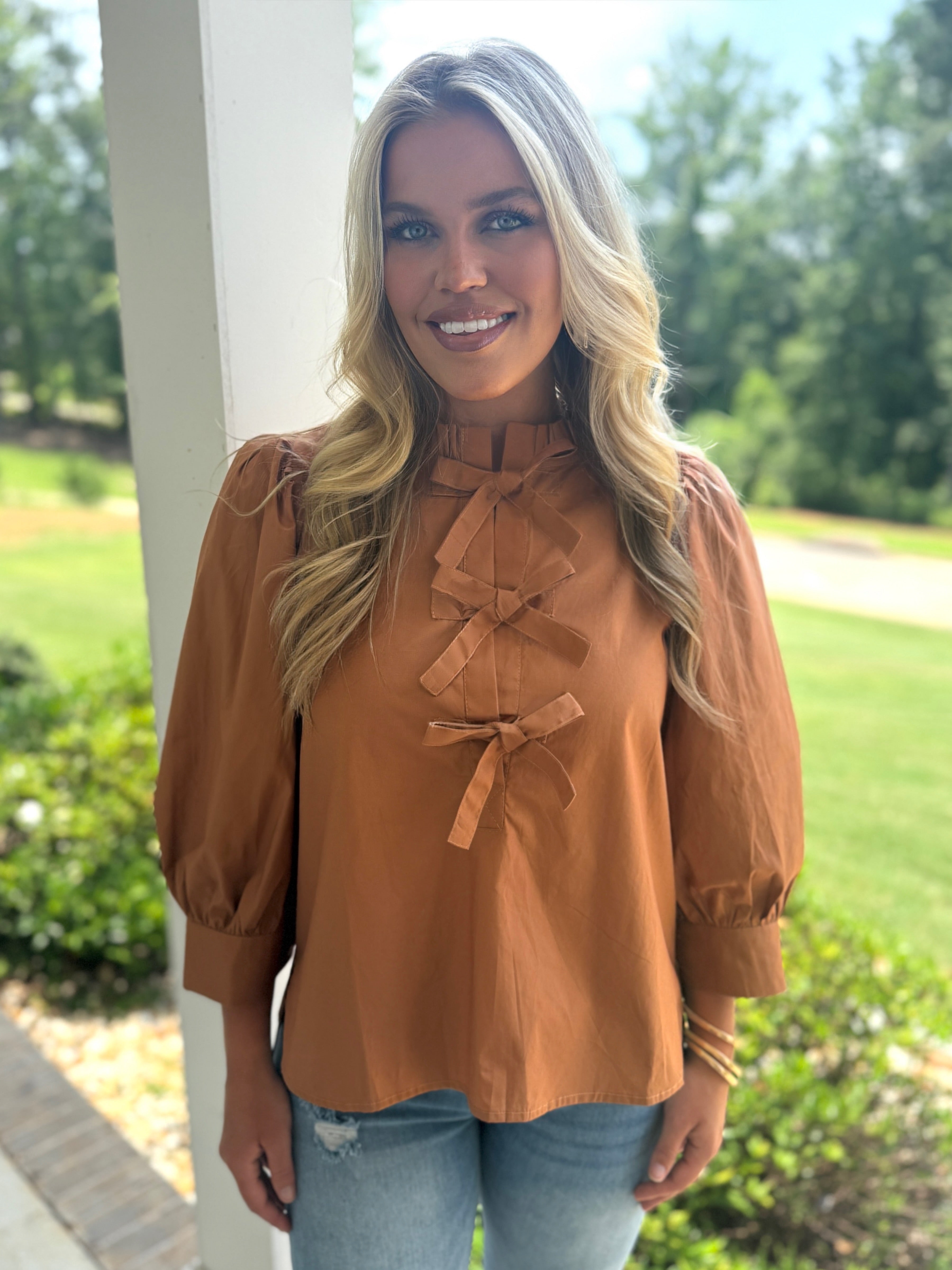 MARGARET Dressy Blouse With Bow Center (Toffee) - Sassy and Southern