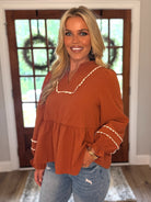 BAILEY Long Sleeve Ric Rac Trim Top in Toffee - Sassy and Southern