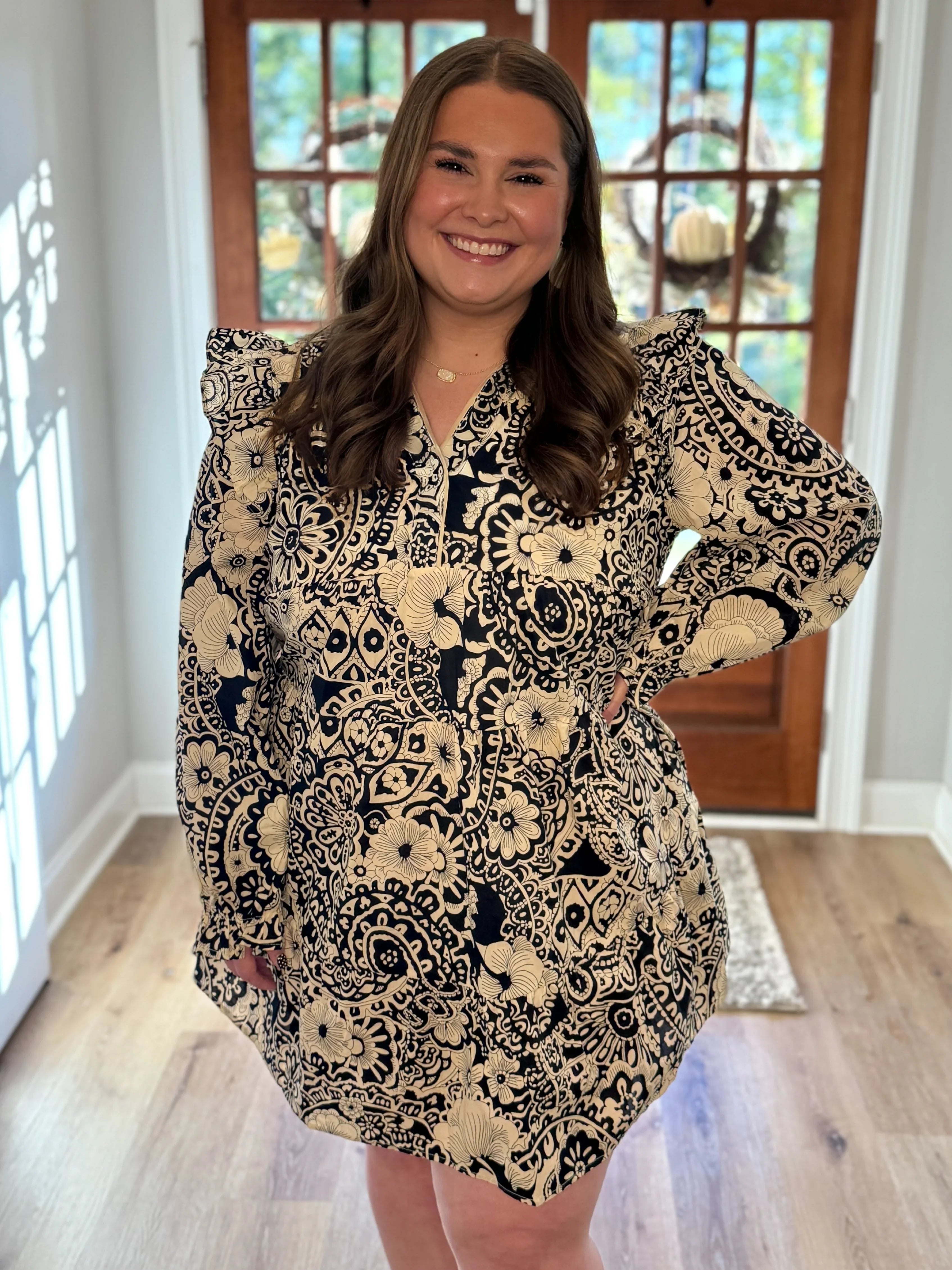 PAISLEY Plus Size Mixed Print Ruffle Dress (Black) | Plus Size