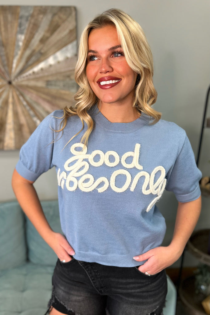 ELLA Good Vibes Only Sweater Top (Light Blue) - Sassy & Southern