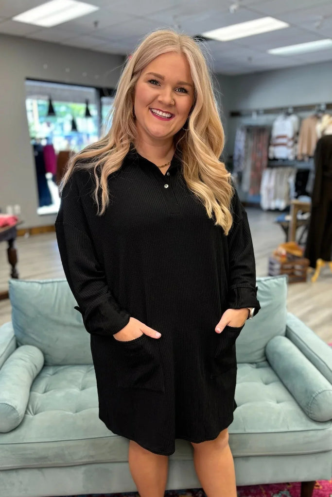 TORI Black Collared Sleeve Dress (Plus Size) - Sassy and Southern