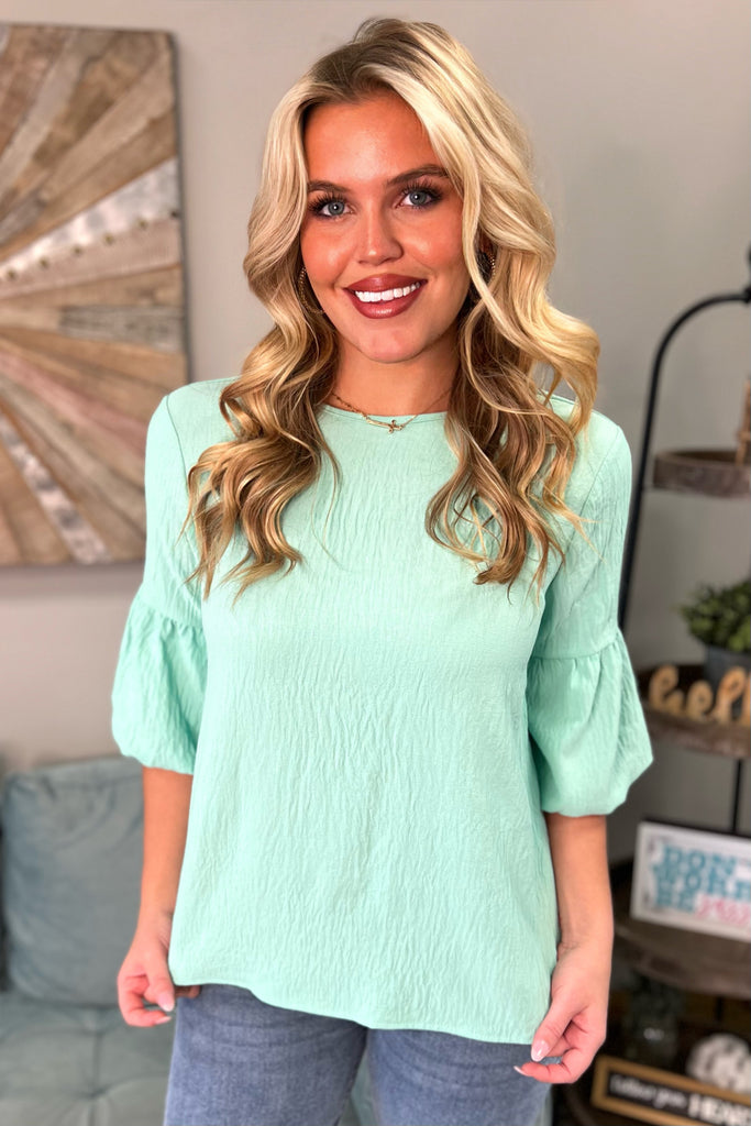 SERENA Bubble Sleeve Top (Mint) - Sassy & Southern