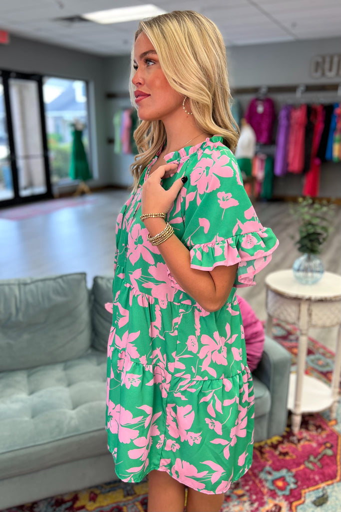 DIANA Two Tone Tiered Dress (Green/Pink) - Sassy & Southern