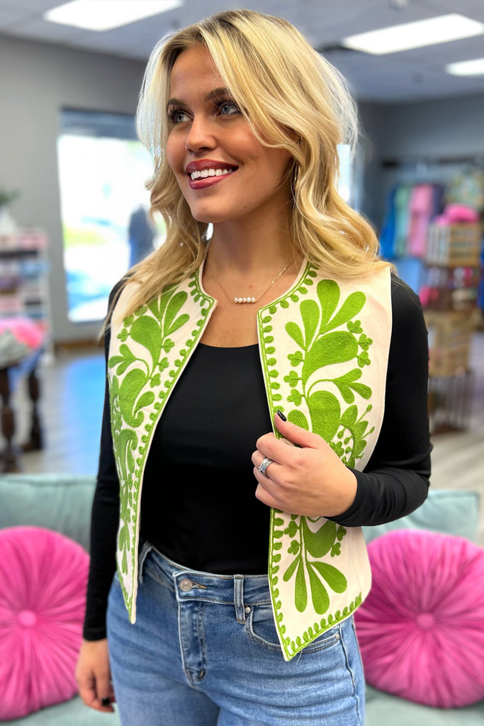 LYDIA Boho Embroidered Vest (Lime Green) - Sassy & Southern