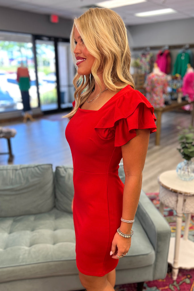 LAUREN Ruffle Sleeve Dress (Red) - Sassy & Southern