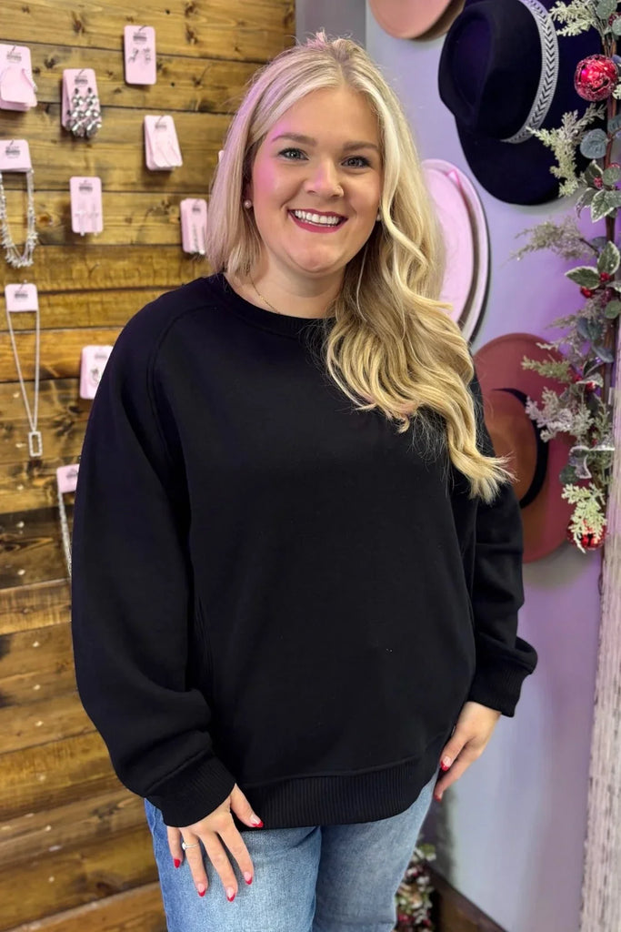 RUTH Fleece Round Neck Sweatshirt- Black - Sassy and Southern