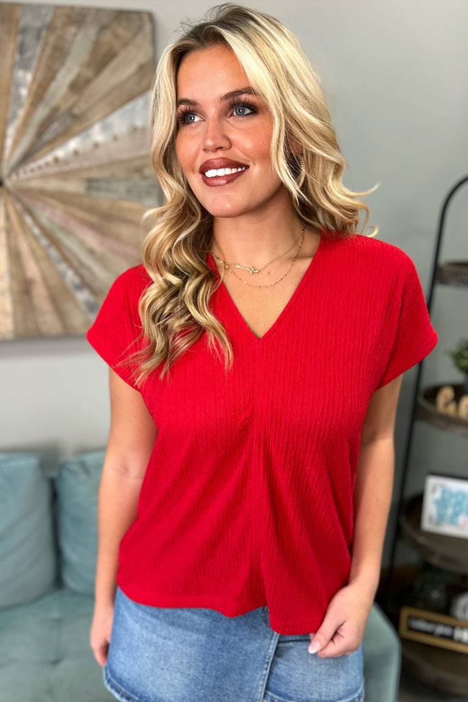 REESE Textured V-Neck Top (Red) - Sassy & Southern