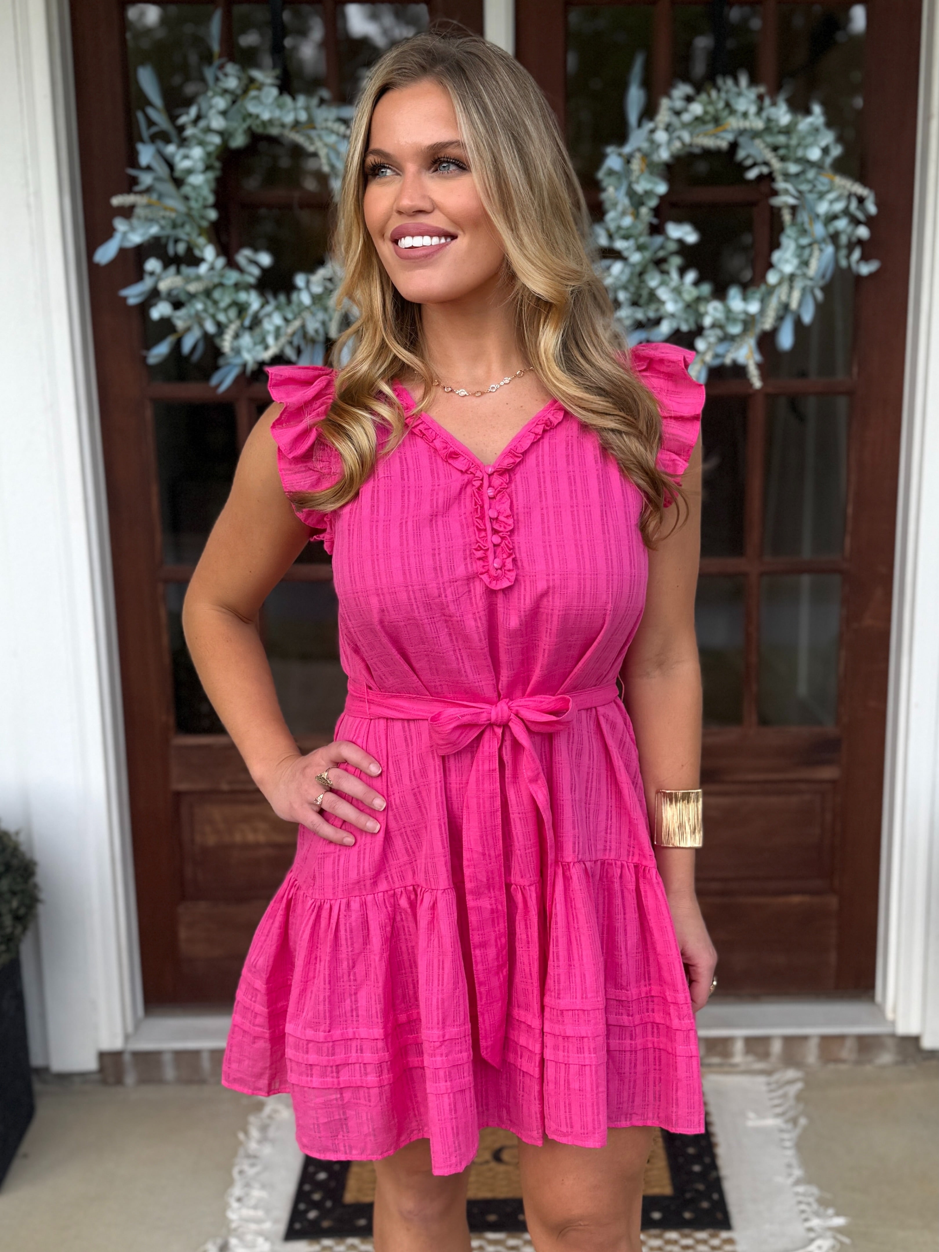 AURORA Hot Pink Ruffle Dress With Tie | Women's | Sizes S-XL