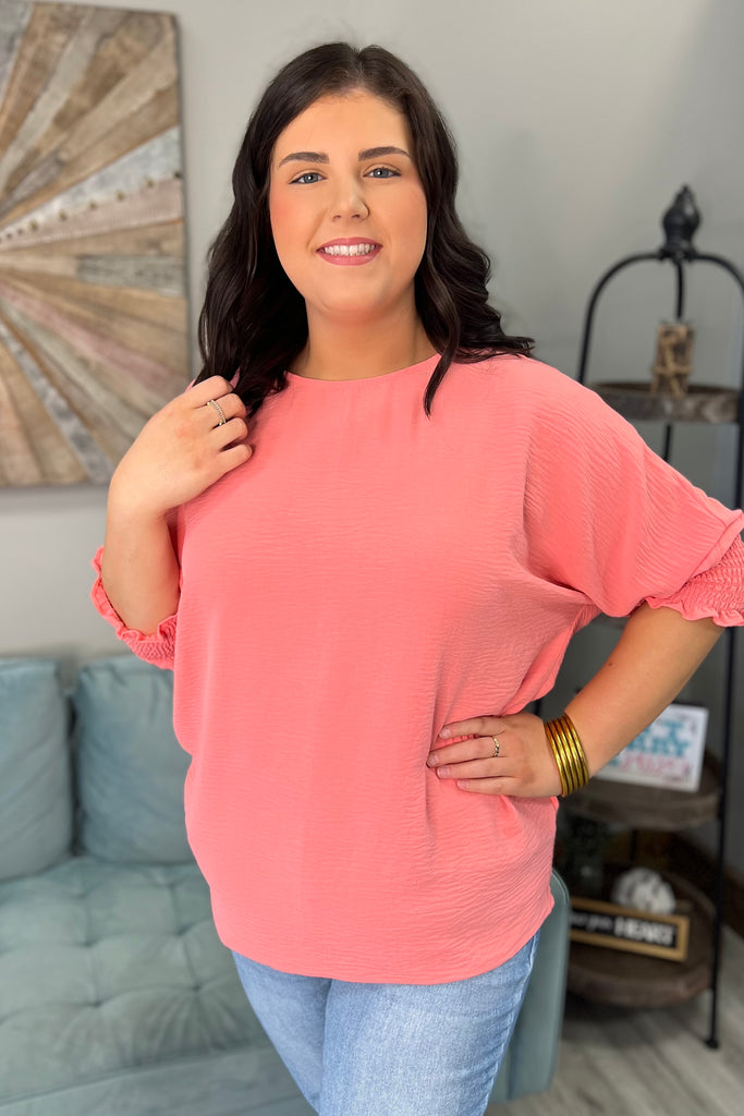 CALLIE Smocked Wrist Oversized Top (Coral) - Sassy & Southern