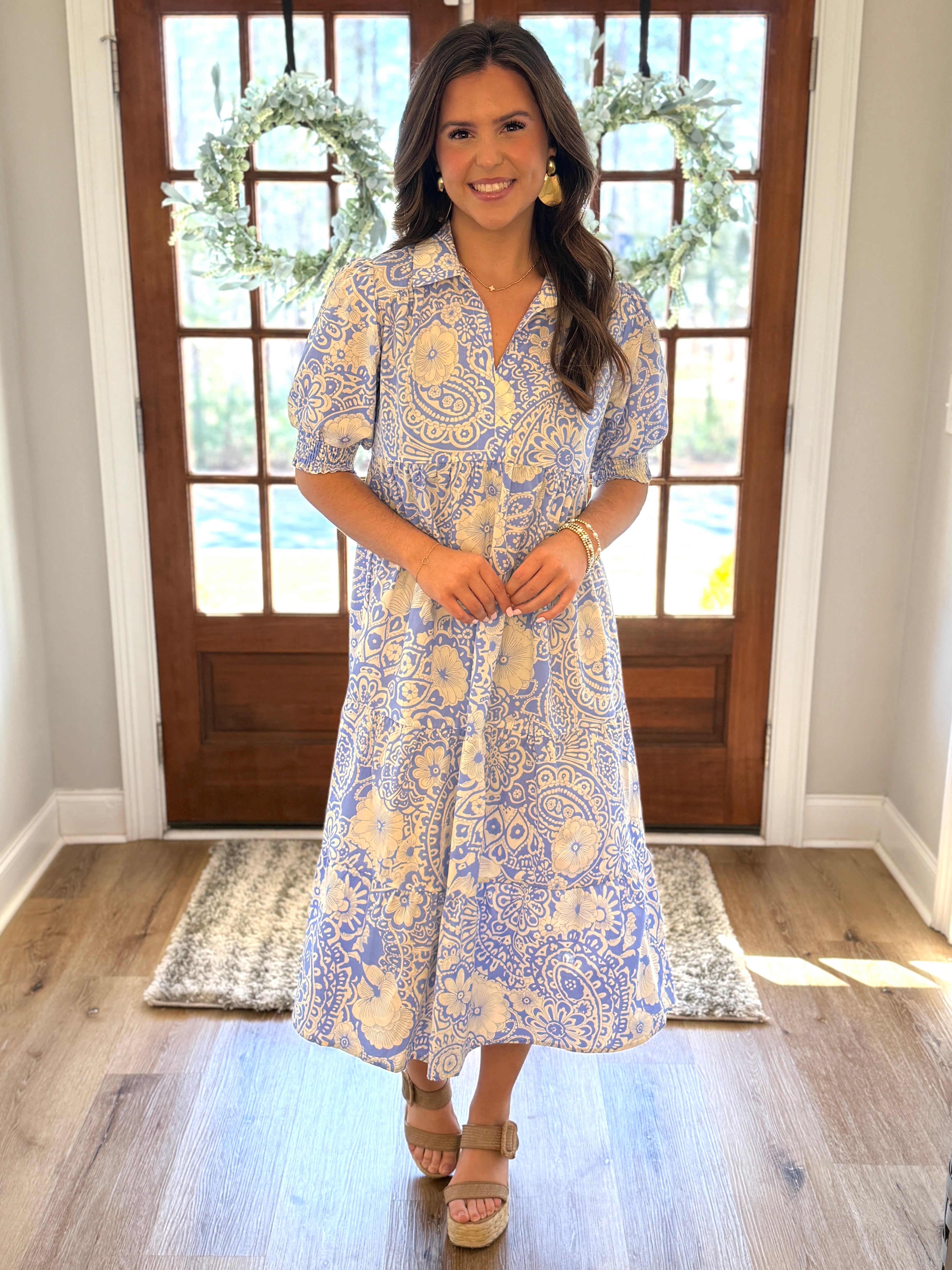 Small HAZEL Floral Collared Midi Dress (Blue)