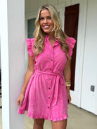 ANNIE Ruffle Button Down Dress (Pink) - Sassy and Southern