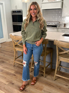 AVERY Half Zip Pullover-Acid Washed (Light Olive) - Sassy and Southern
