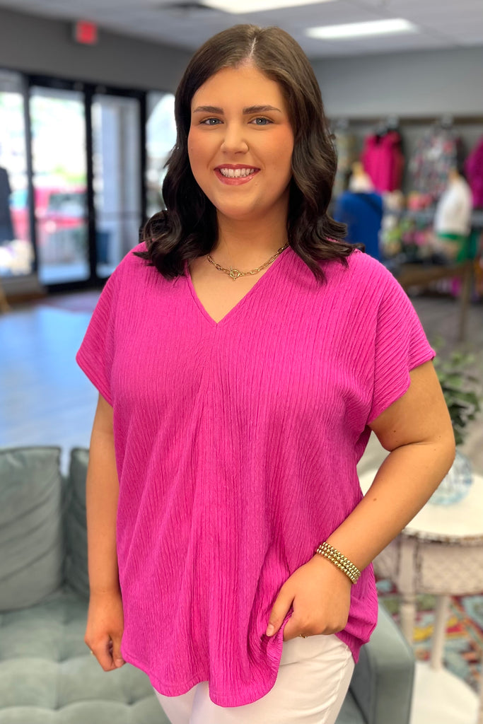 REESE Textured V-Neck Top (Fuchsia Pink) - Sassy & Southern
