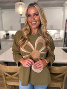 EMMA Oversized Olive Flower Patch Top - Sassy and Southern