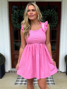 GRACE Embroidered Sleeve Ruffle Dress (Pink) - Sassy and Southern