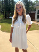 LUCY White Dress With Bow Center - Sassy and Southern