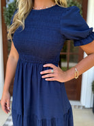 ARIEL Long Textured/Smocked Dress in Blue - Sassy and Southern
