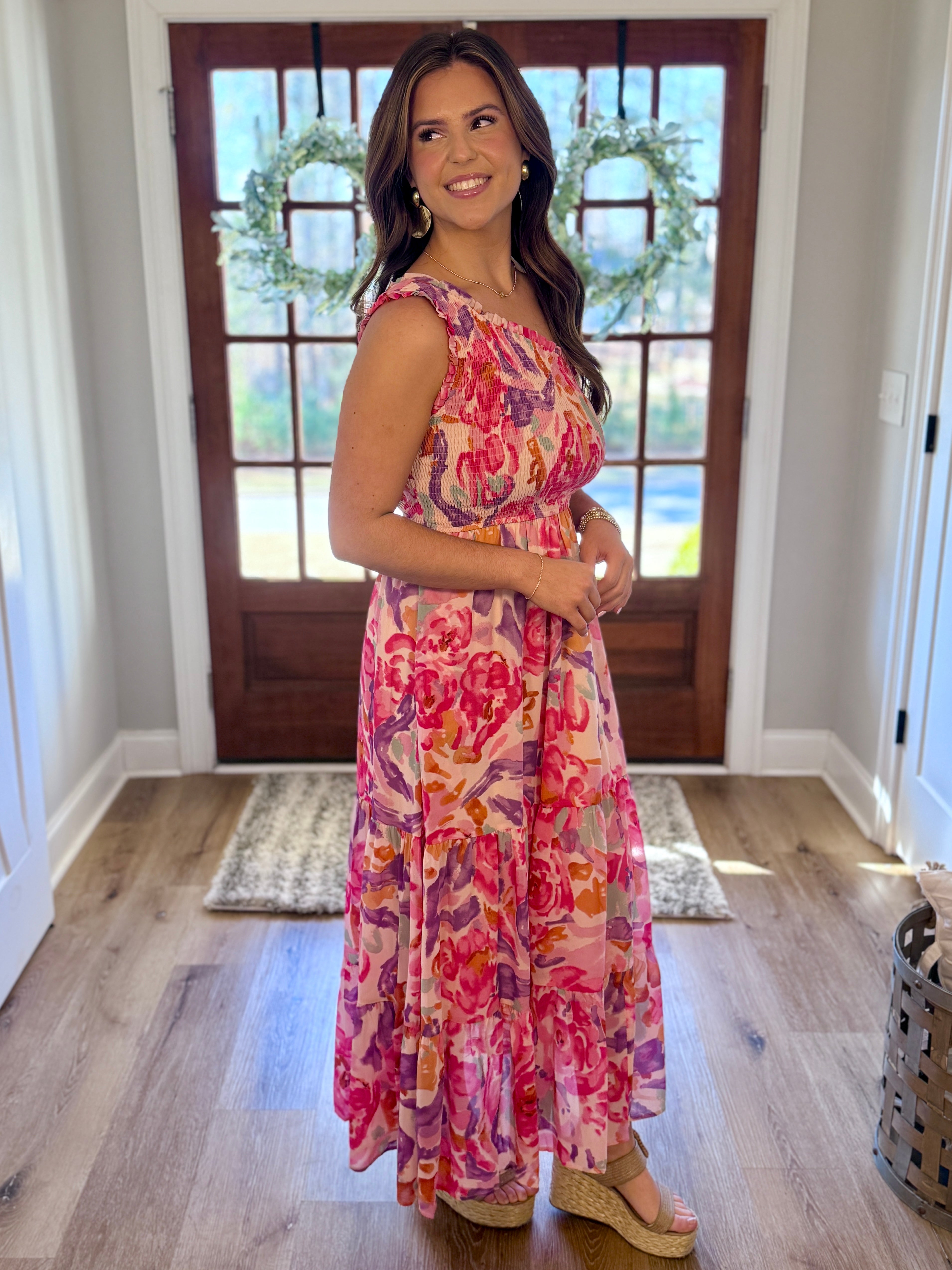 ROSE Watercolor Floral One Shoulder Maxi Dress | Women's