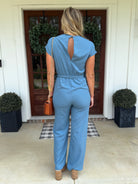 EMILY Jumpsuit With Waist Tie Belt (Blue) - Sassy and Southern