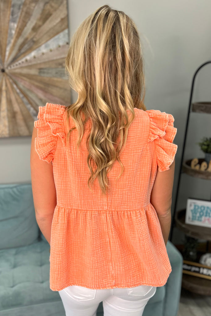 CHARITY Acid Washed Ruffle Top (Coral) - Sassy & Southern