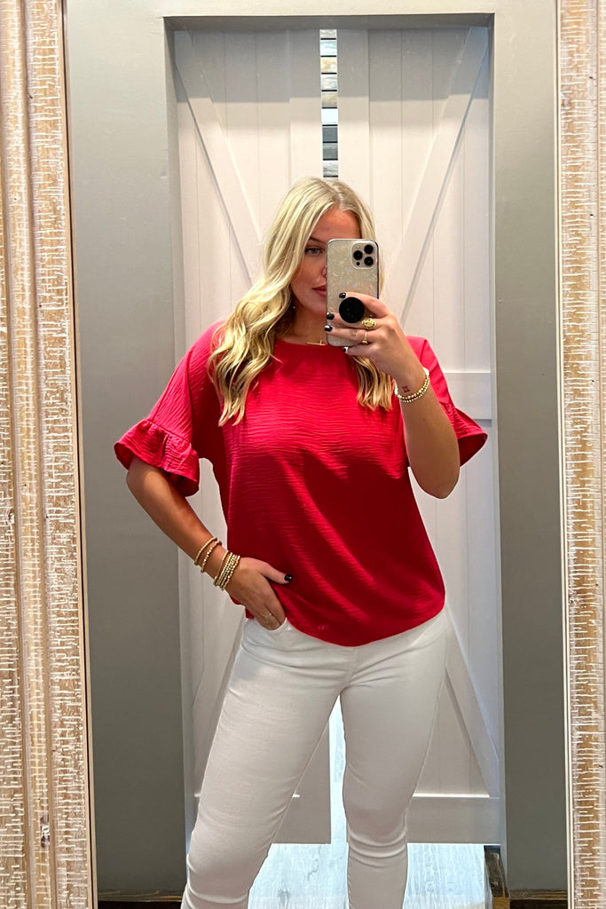 JADE Woven Ruffle Sleeve Top (Vintage Red) - Sassy & Southern