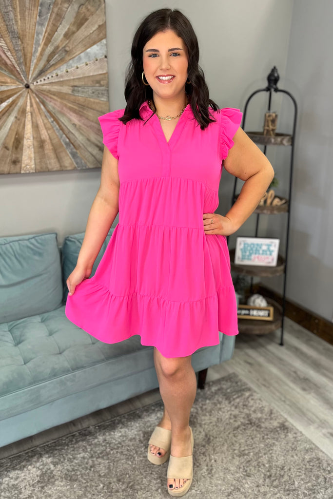 VERA Tiered Collar Dress (Hot Pink) (Plus Size) - Sassy & Southern