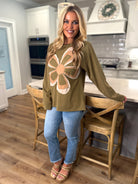 EMMA Oversized Olive Flower Patch Top - Sassy and Southern