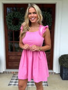 GRACE Embroidered Sleeve Ruffle Dress (Pink) - Sassy and Southern