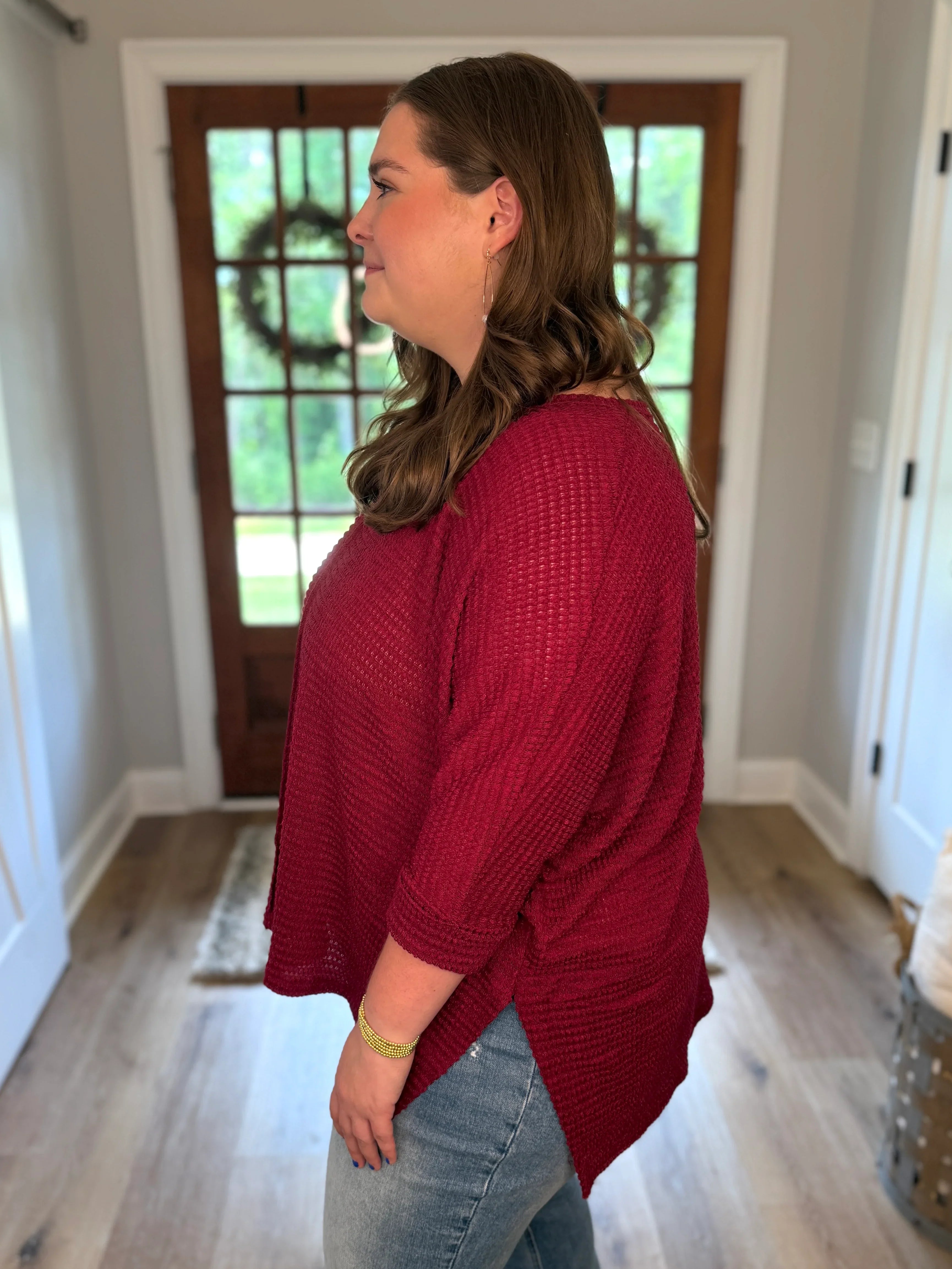 MIA Plus Size 3/4 Sleeve Lightweight Sweater (Burgundy) | Plus