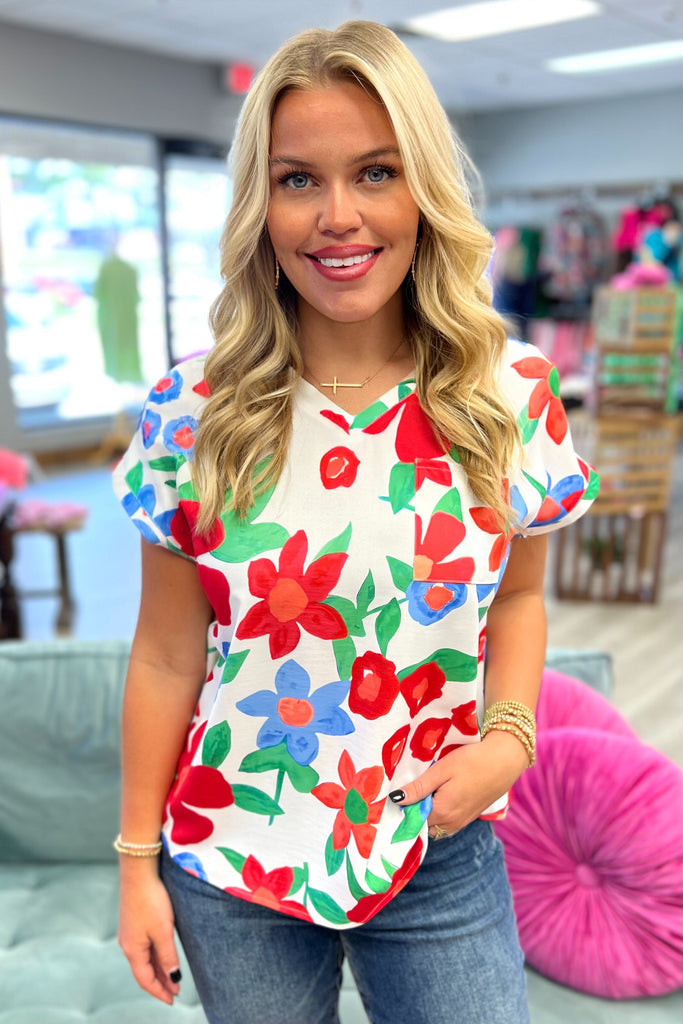 AMAYA Floral Top With Pocket (Red/Blue) - Sassy & Southern