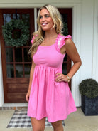 GRACE Embroidered Sleeve Ruffle Dress (Pink) - Sassy and Southern
