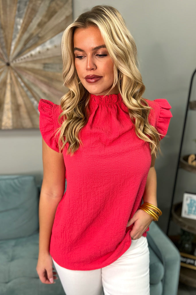 MARIA Ruffled Mock Neck Top (Vintage Red) - Sassy & Southern