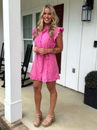 ANNIE Ruffle Button Down Dress (Pink) - Sassy and Southern