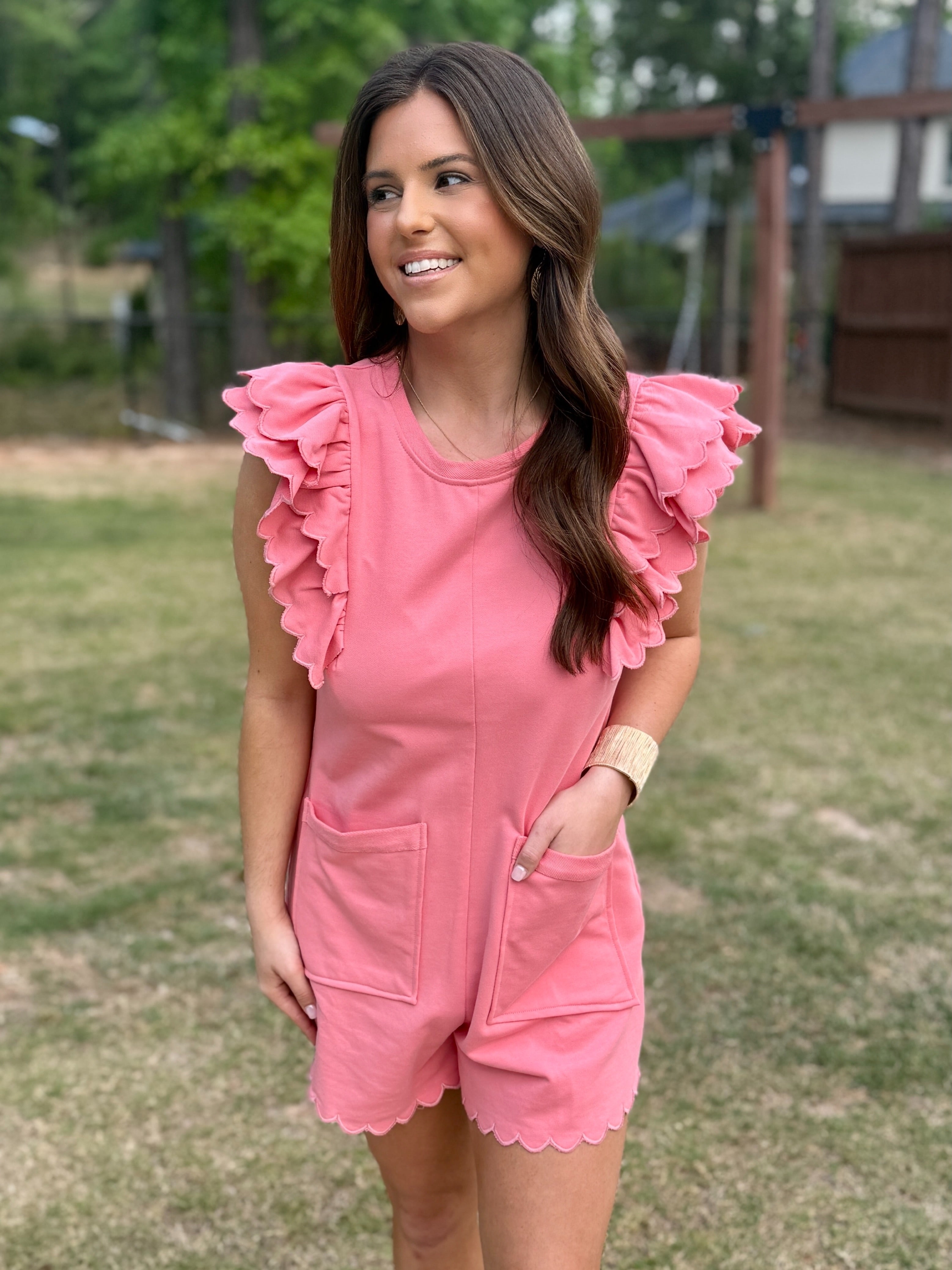 ELLIE Ruffled Pocket Romper (Coral) | Women's | Sizes S-XL | Sassy