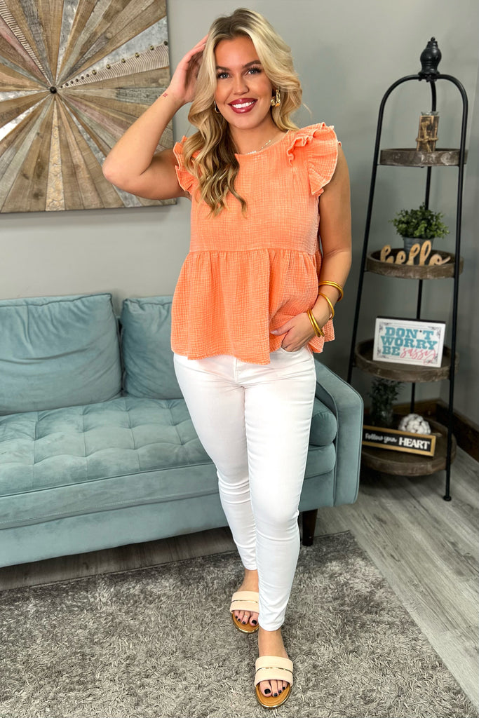 CHARITY Acid Washed Ruffle Top (Coral) - Sassy & Southern