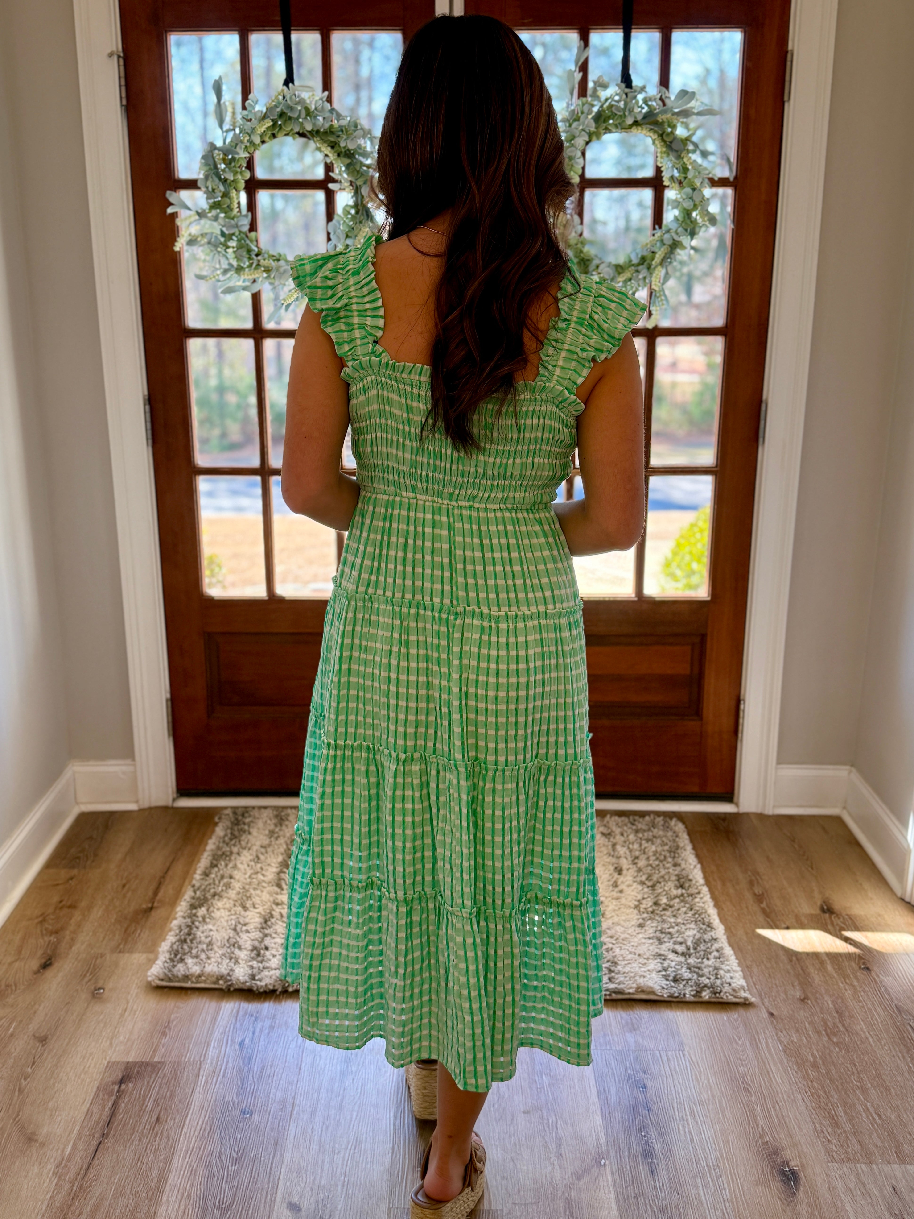 Small ISABELLE Gingham Smocked Maxi/Midi Dress (Green)