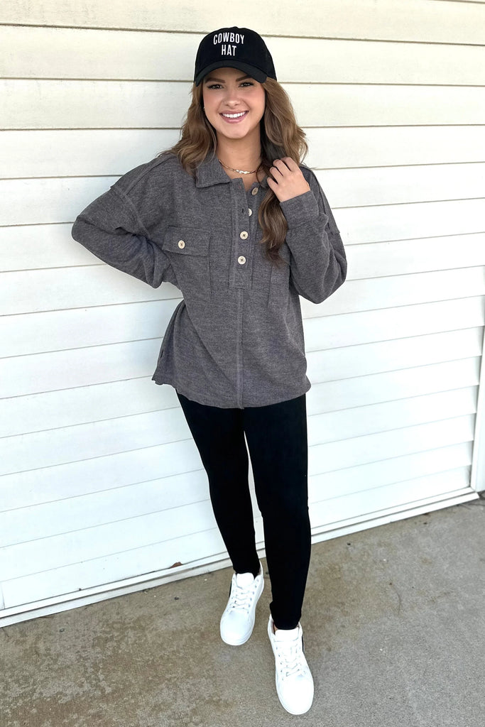 AZLEE Collard Button Down - Charcoal - Sassy and Southern