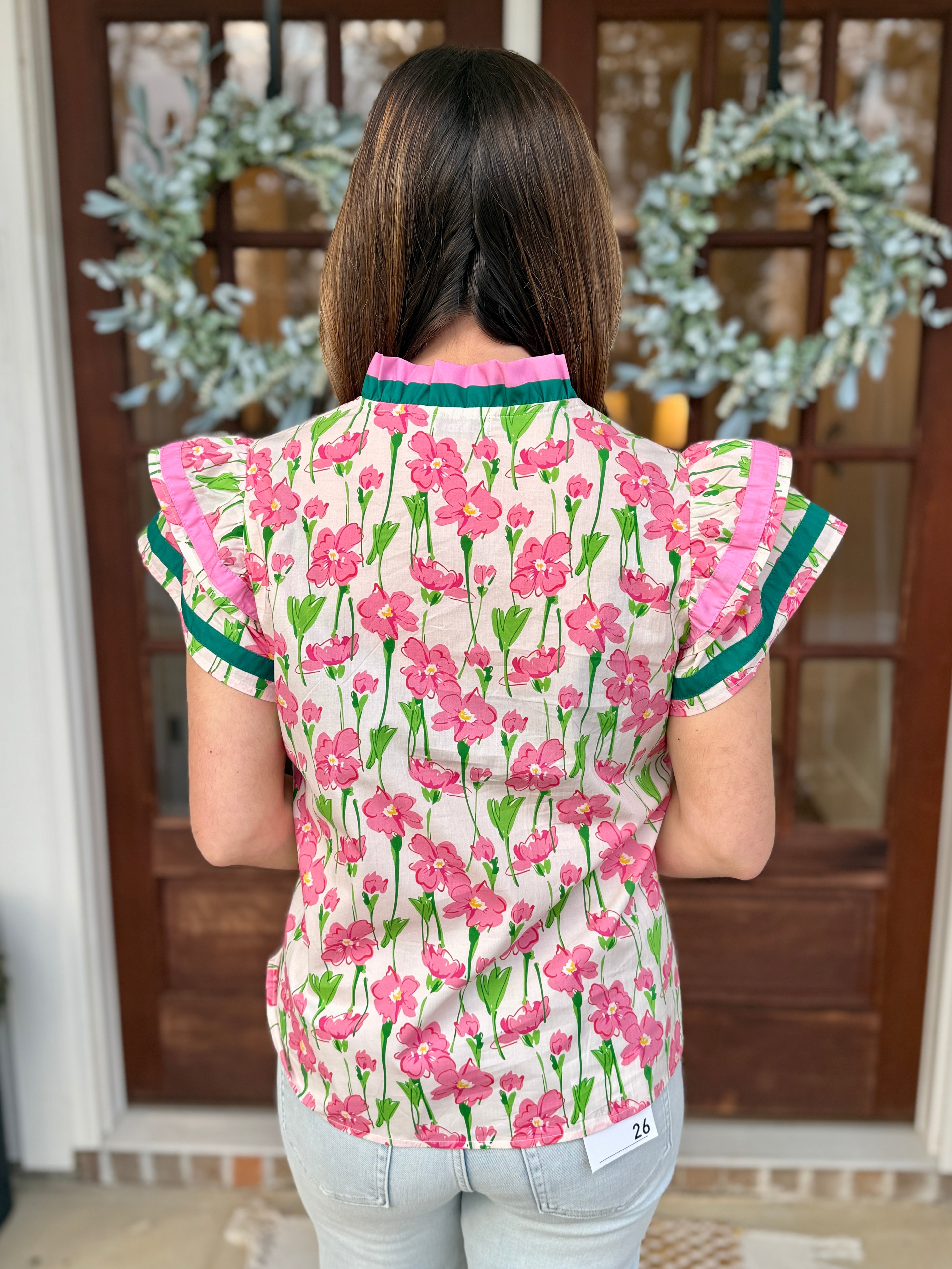 floral ruffle top♡ ABIGAIL Pink/Green Floral Ruffle Neck Top | Women's | Sizes S-XL