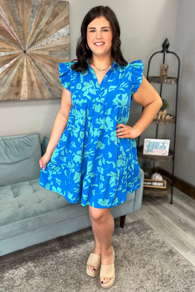 KAYLEE Floral Collared Ruffle Dress (Blue/Mint) (Plus Size) - Sassy & Southern