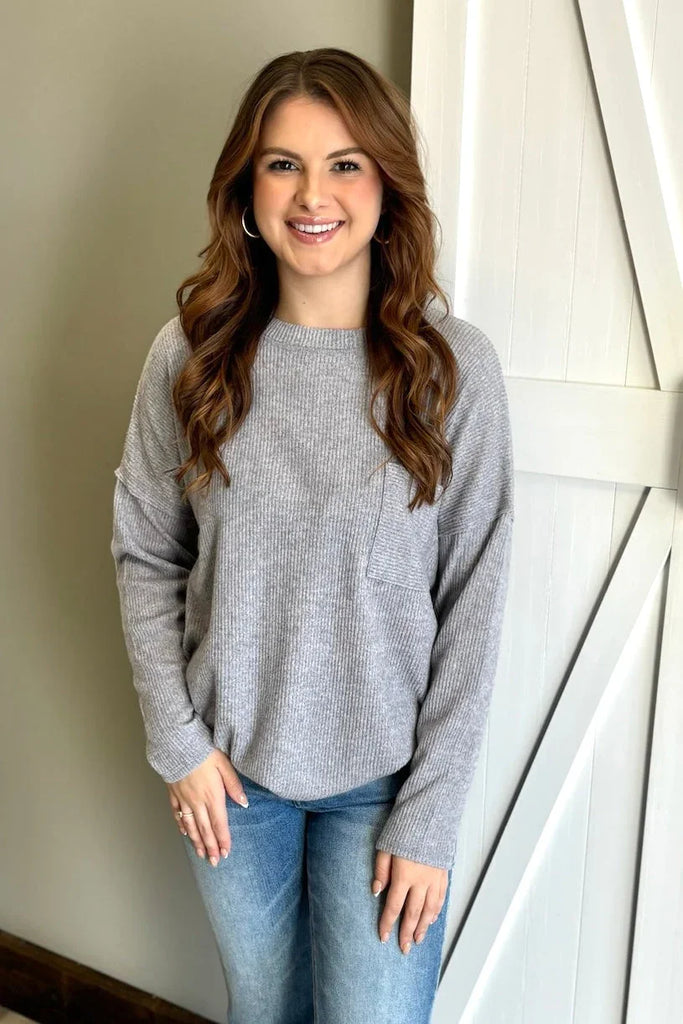 BROOKE Melange Pocket Sweater - Heather Grey - Sassy and Southern