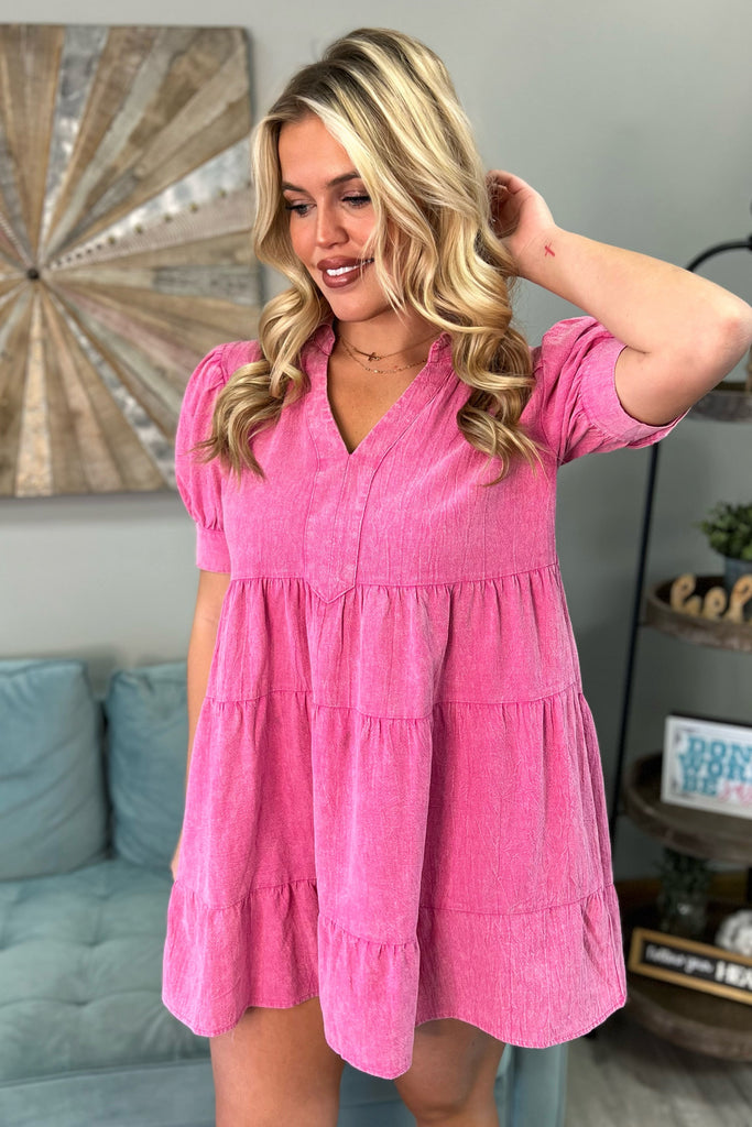 REBECCA Mineral Washed Collared Dress (Hot Pink) - Sassy & Southern
