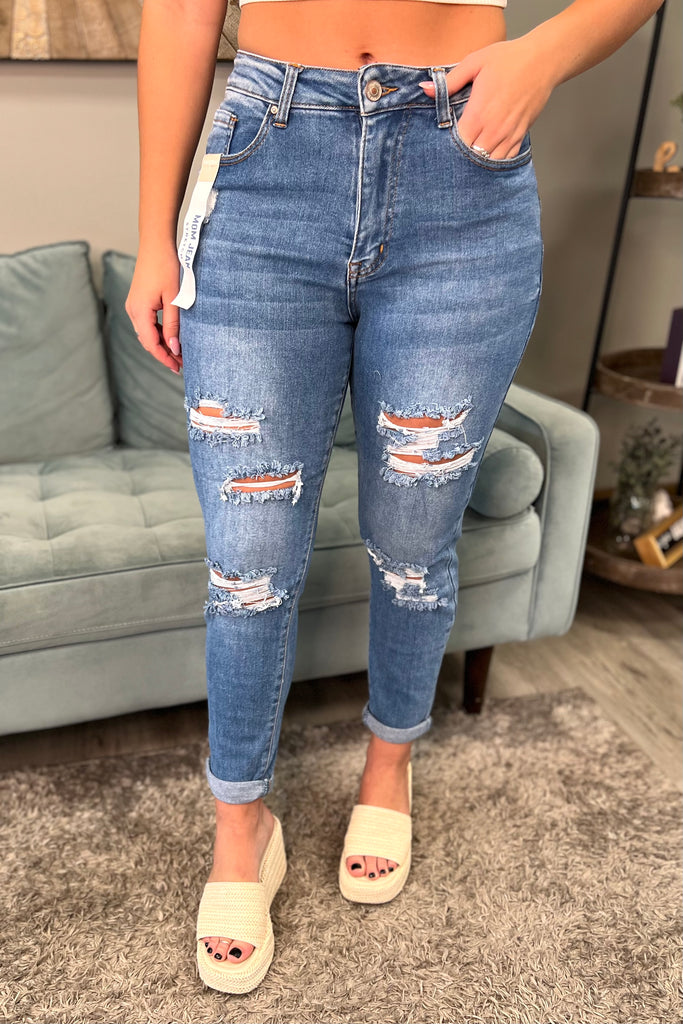 Destructed Rolled Cuff Mom Jeans With Holes - Sassy & Southern