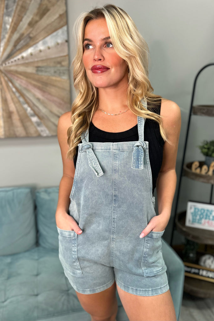 SADIE Washed Overall Romper (Light Denim) - Sassy & Southern