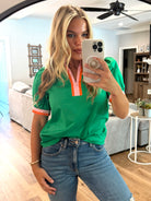 LENNON Green Top With Striped Sleeves/Neck - Sassy and Southern