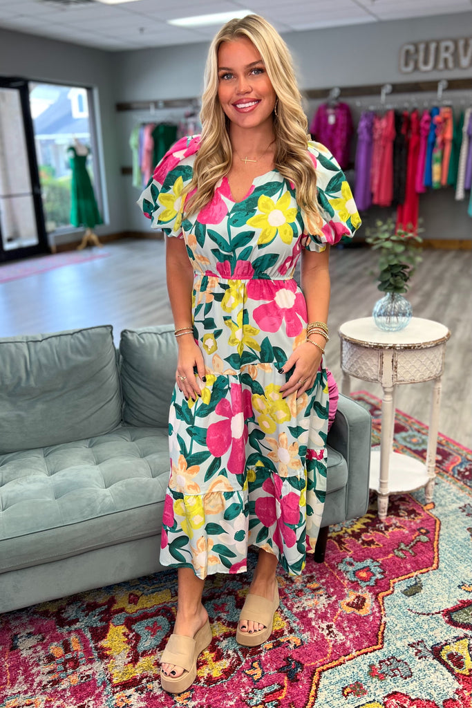 LILLY Floral Balloon Sleeve Maxi Dress (Mint) - Sassy & Southern